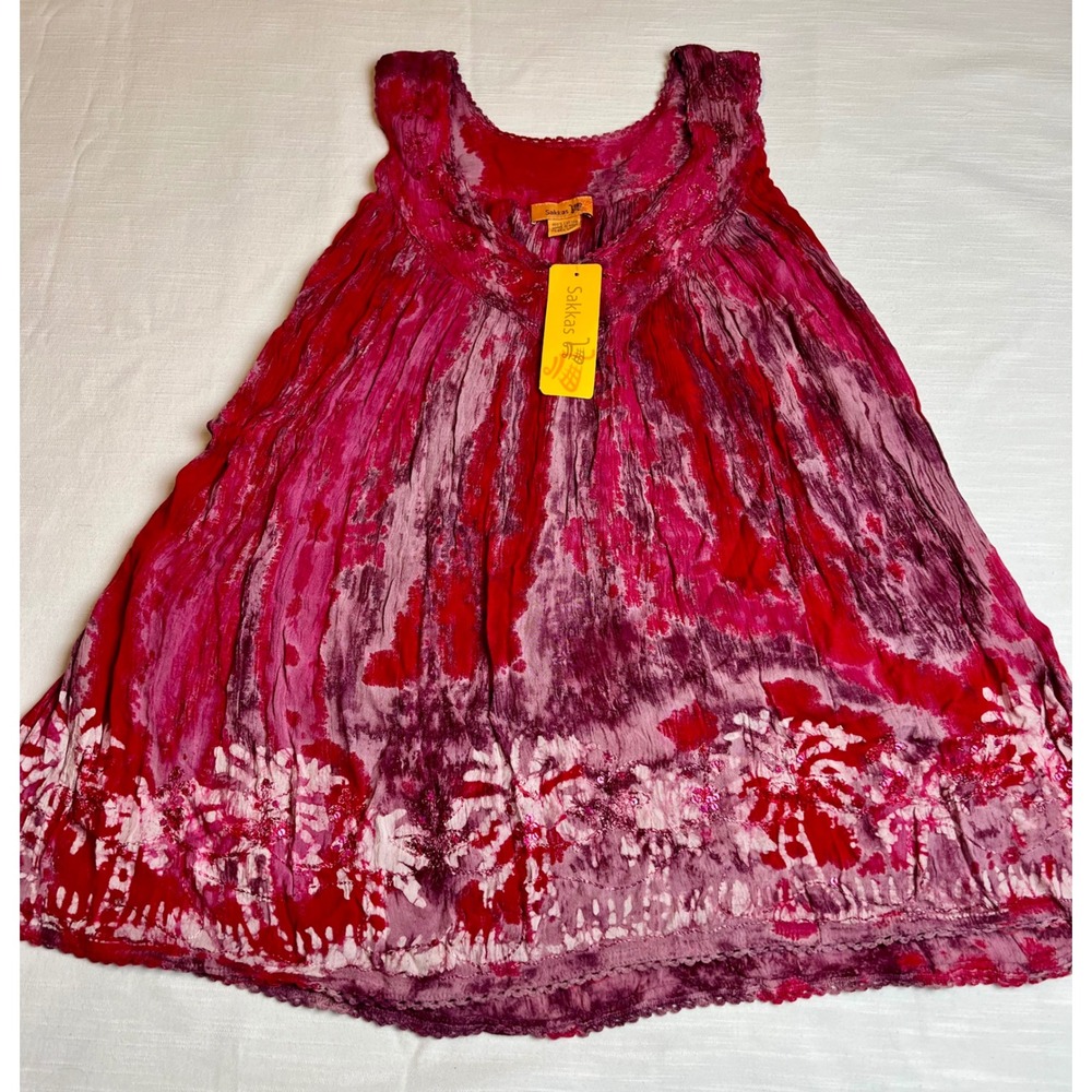 Sakkas Women Pink Purple Batik Tie Dye Cotton Sequin Embroidered shirt Free Size